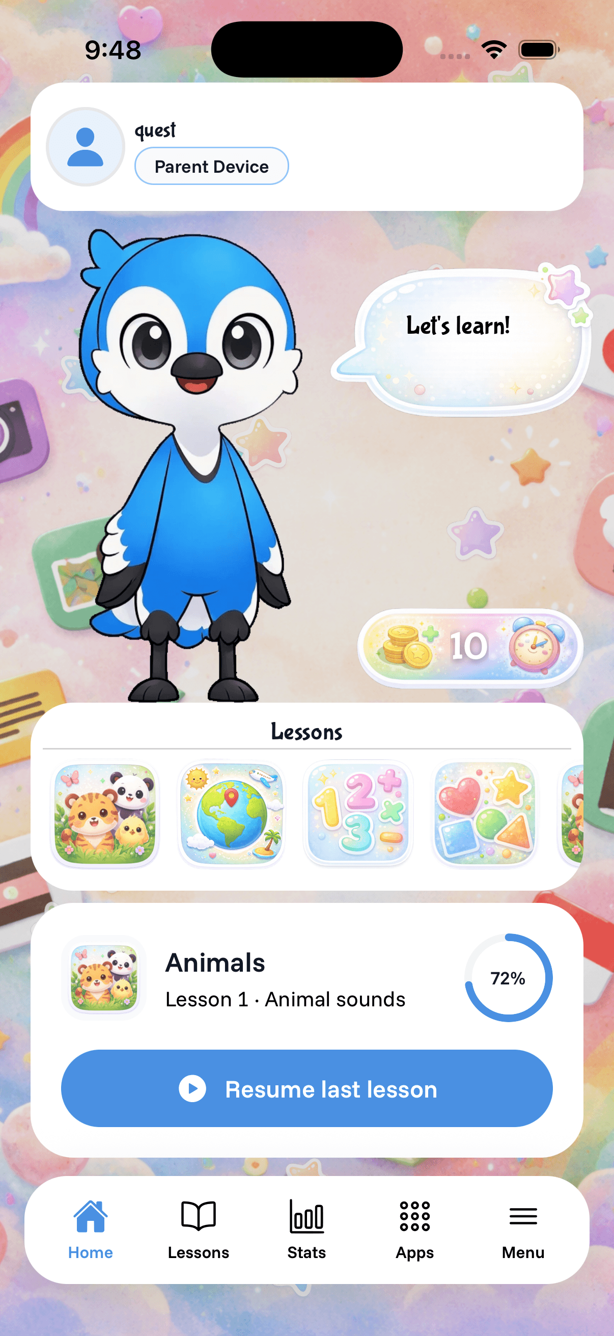 Kids Focus home screen with profile, lessons, and bottom navigation
