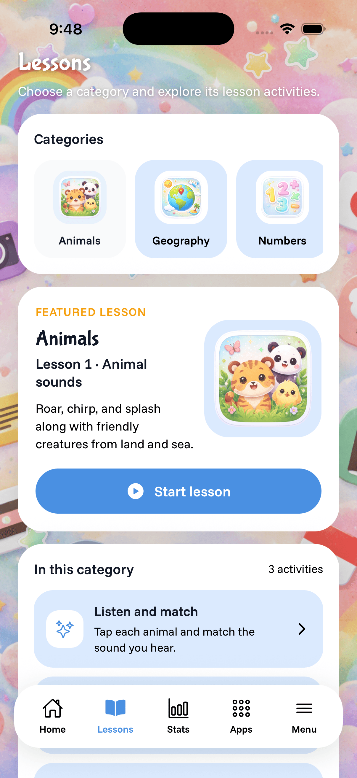Kids Focus lessons screen with categories and a featured lesson