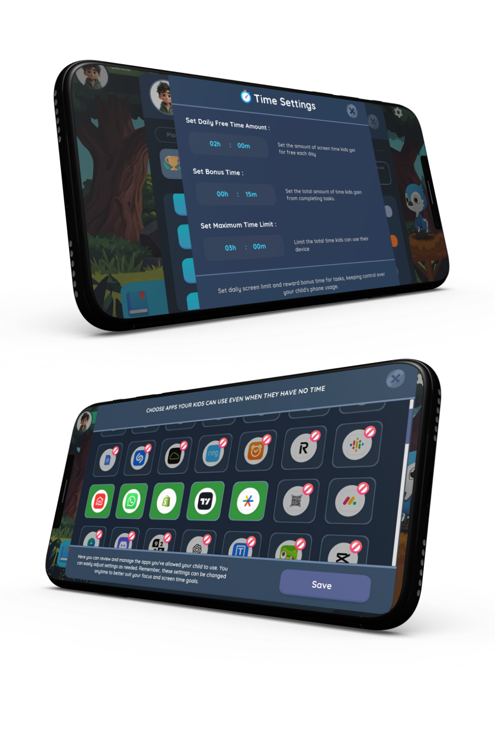 Kids Focus app interface showing screen time management dashboard with educational tasks and parental controls
